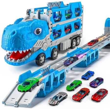 Dinosaur Race Track Set Funtogether Toys Foldable Dino Transport Truck Toy for Boy 3 6 Year with 6 Collectible Mini Cars