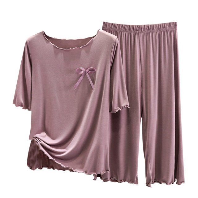 Ohufall Womens Pajama Sets Ruffle Pleated T Shirts with Elastic Waist Pants Sets Solid Color Loose Fit Home Wear Pj Sets For Woman
