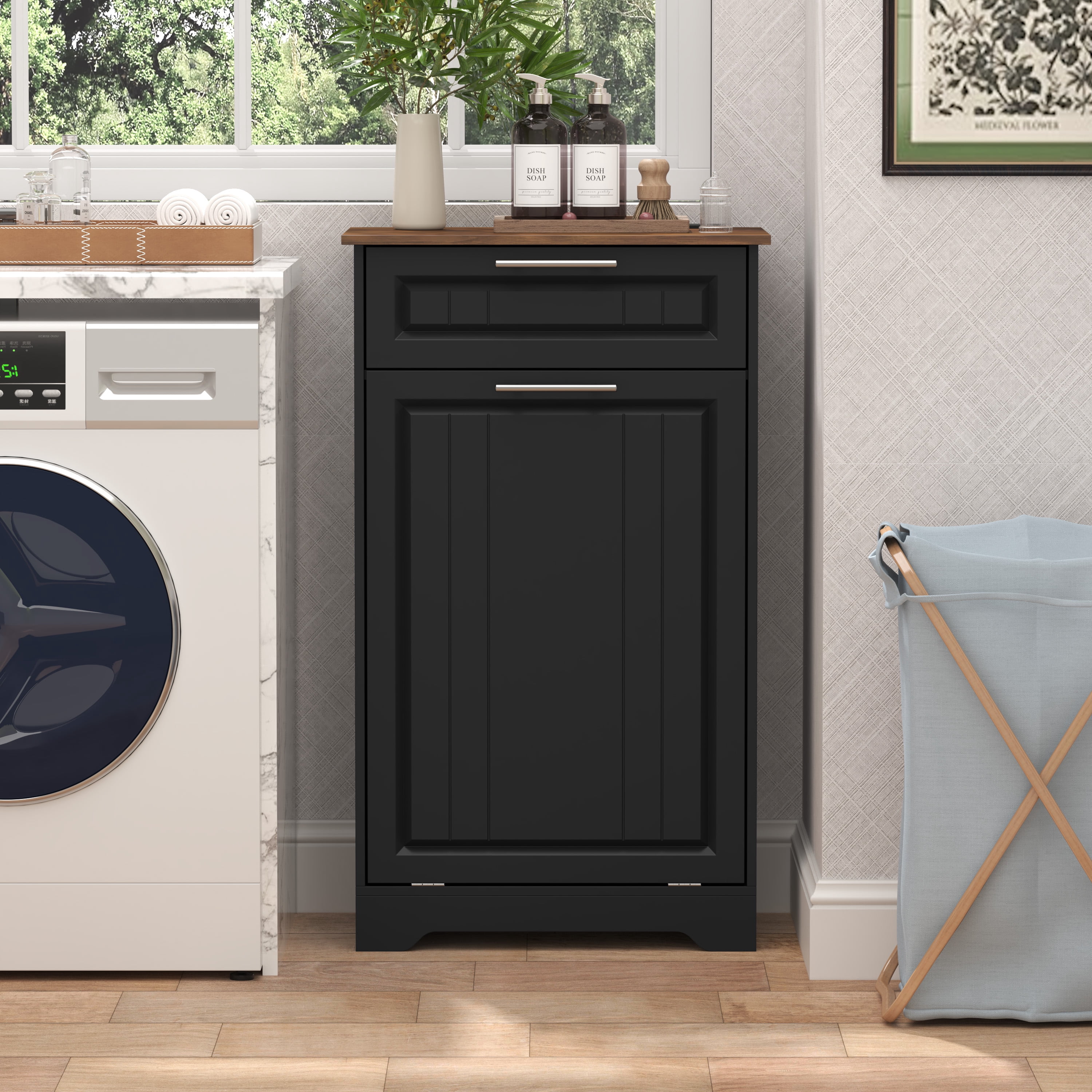 Single 10 Gallon Tilt Out Trash Can Cabinet with Deodorizing Function, Wooden Hidden Garbage Can Holder with Storage Drawers for Kitchen and Dining Room, Laundry Hamper Cabinet for Bathroom, Black