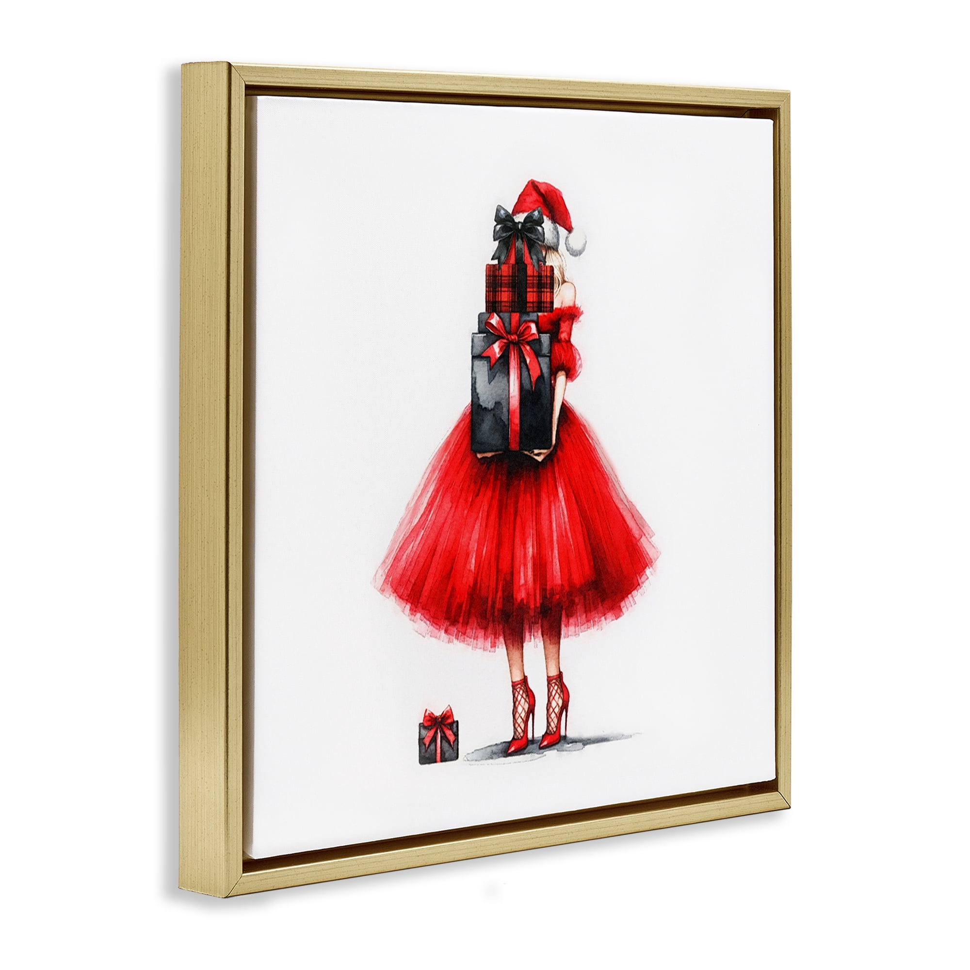 Stupell Industries Chic Christmas Gal Holiday Painting Gold Floater Framed Canvas Art Prints Wall Art, 18 x 18