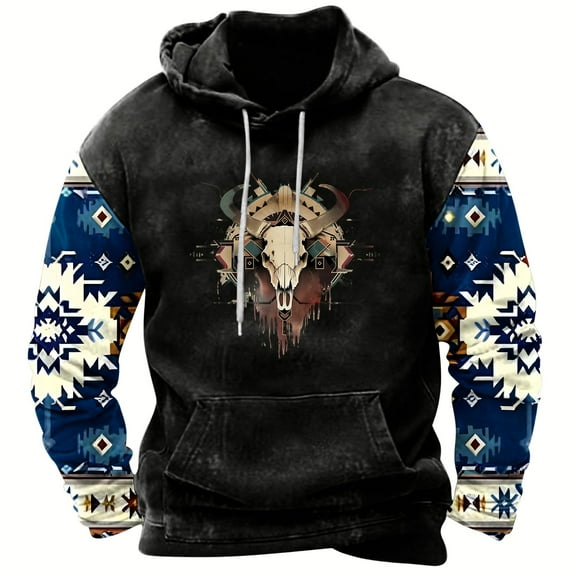 Raeneomay Long Sleeve Shirts for Men Retro Printed Top Long Sleeved Hooded Top Hooded SweatShirt