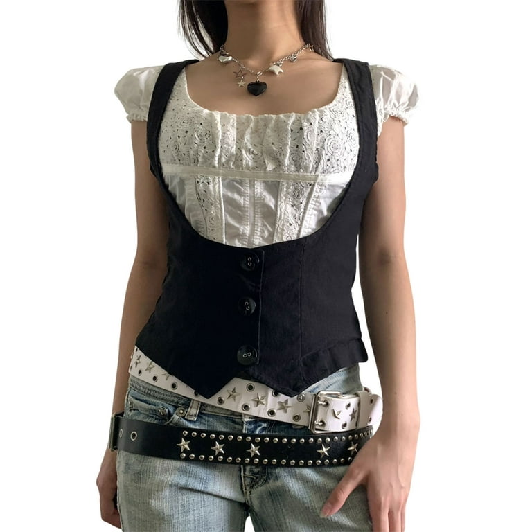 Womens Graphic Single-breasted Sleeveless Corset 90s Fairycore Body Shaping  Vest Cardigan 