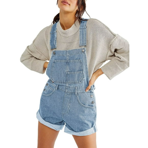 Faithtur Women Denim Bib Overalls Adjustable Straps Pocket Romper Shorts Casual Rolled Cuff Shortalls
