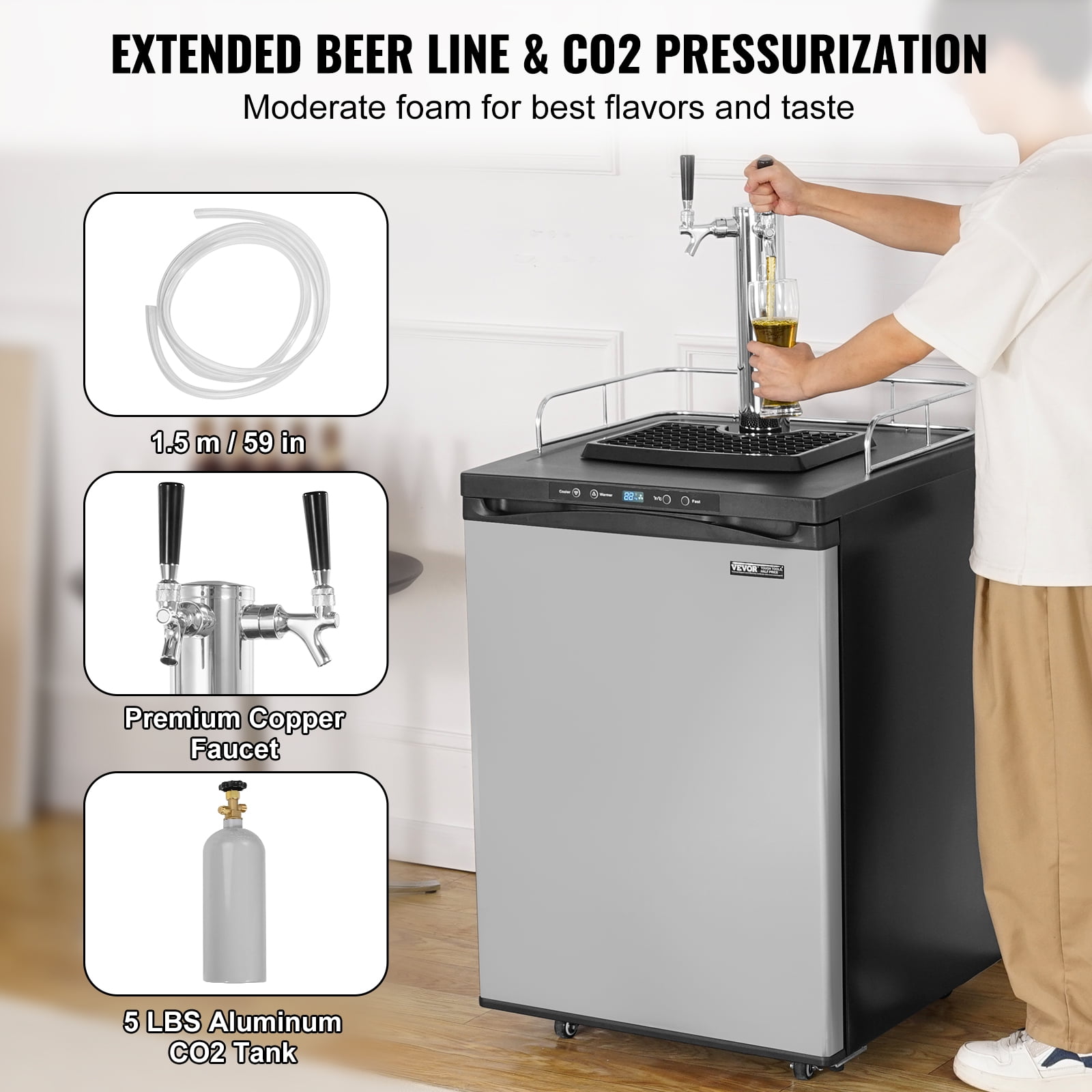 VEVOR Beer Kegerator, Dual Tap Draft Beer Dispenser, Full Size Keg Refrigerator With Shelf, CO2 Tank(No Gas), Drip Tray & Rail, 23°F- 82.4°F Temperature Control, 162L, Silver