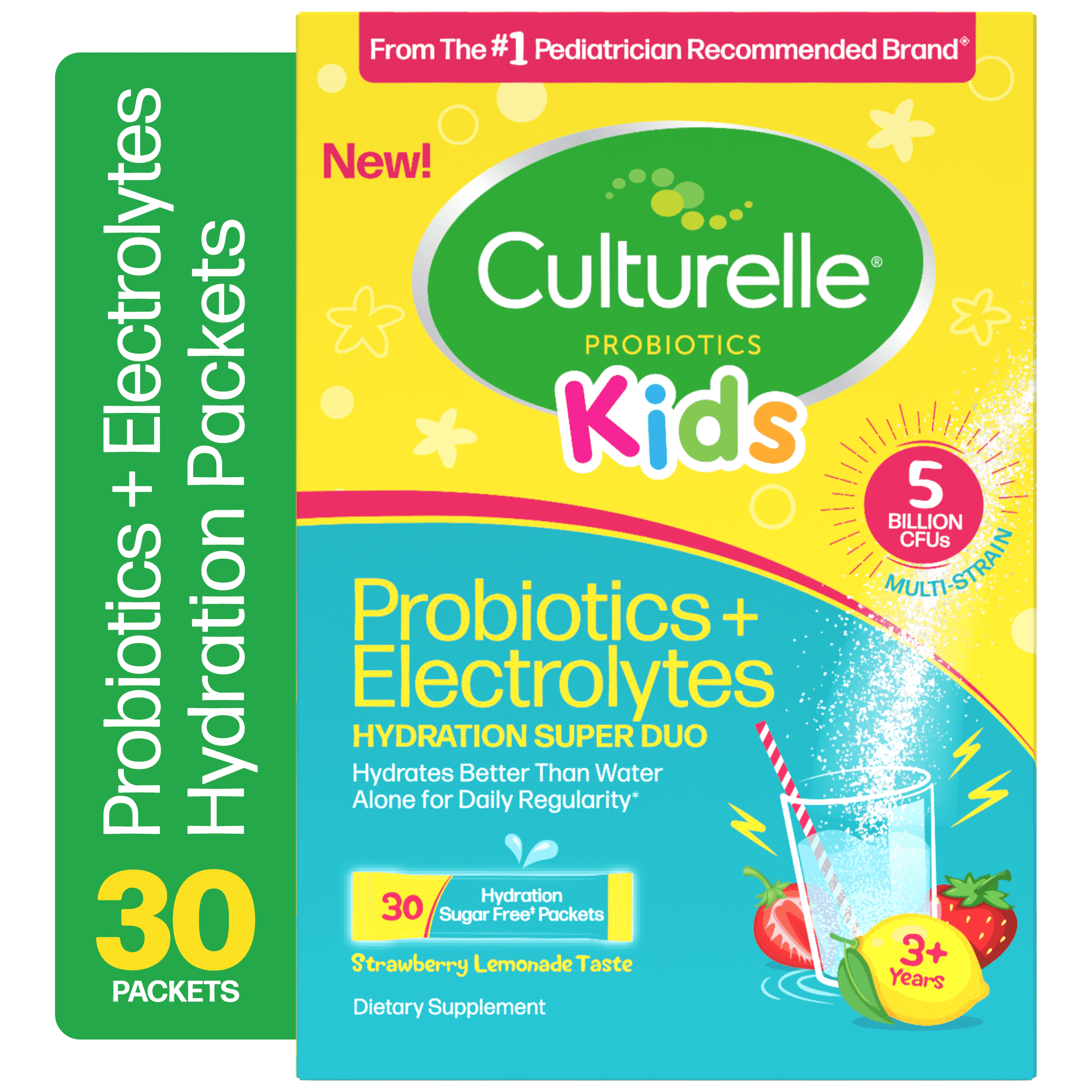 Culturelle Probiotics Kids Probiotic + Electrolytes Ready-to-Mix Supplement, Digestive Support for Children, Strawberry Lemonade Flavor, 30 Packets