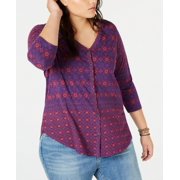 lucky brand plus size purple printed split neck blouse 1x