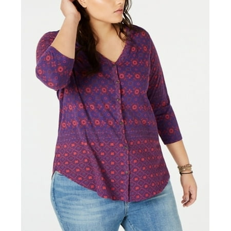 lucky brand plus size purple printed split neck blouse 1x