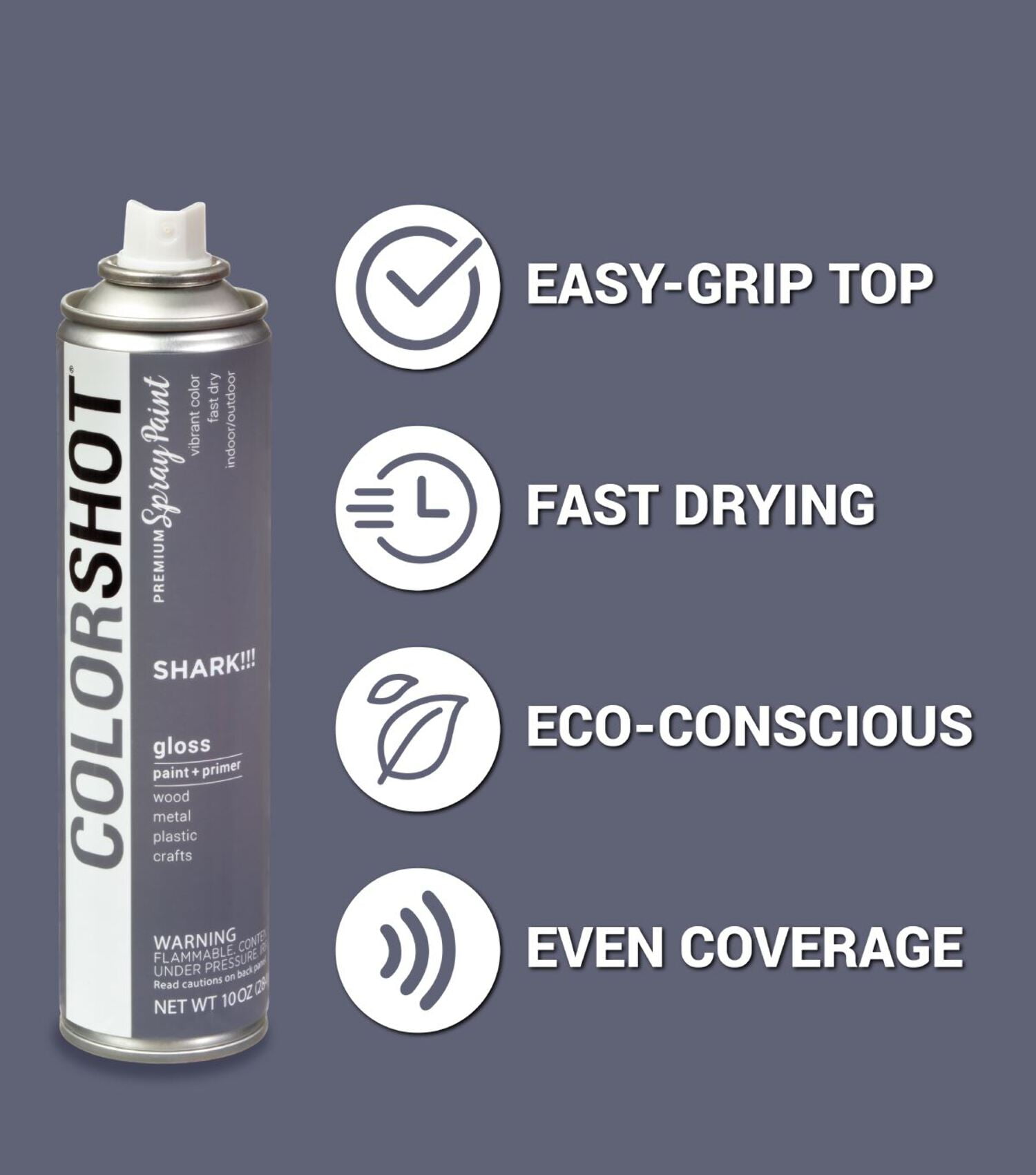 COLORSHOT Gloss Spray Paint, Shark!!! (Dark Gray) 10 oz. 4 Pack, Fast-Drying Acrylic Paint, Indoor & Outdoor Use