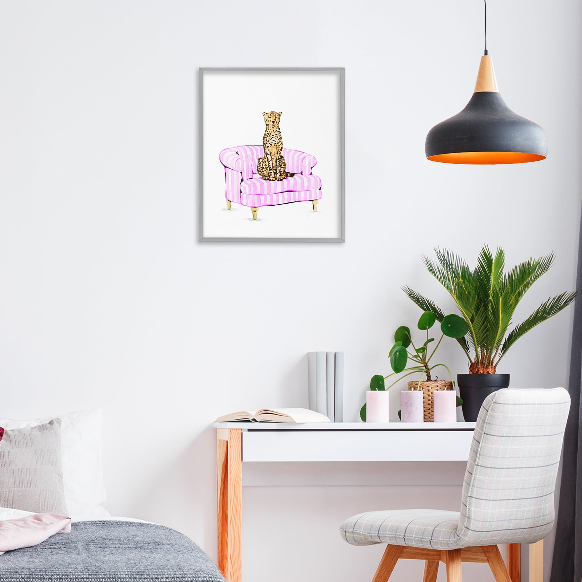 Cheetah on Pink Stripe Chair Gray Framed Giclee Art, design by Ziwei Li