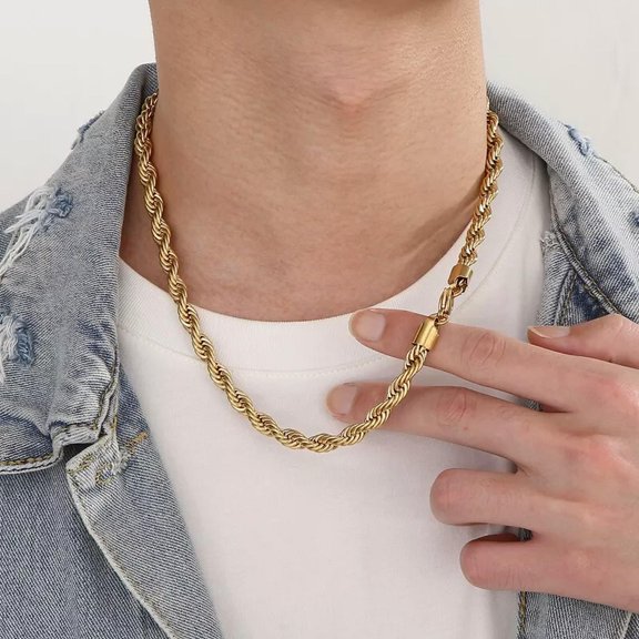 HOOUN Gold Singapore Twist Chain Rope Necklace Stainless Steel For Mens 8mm 24'' Huge