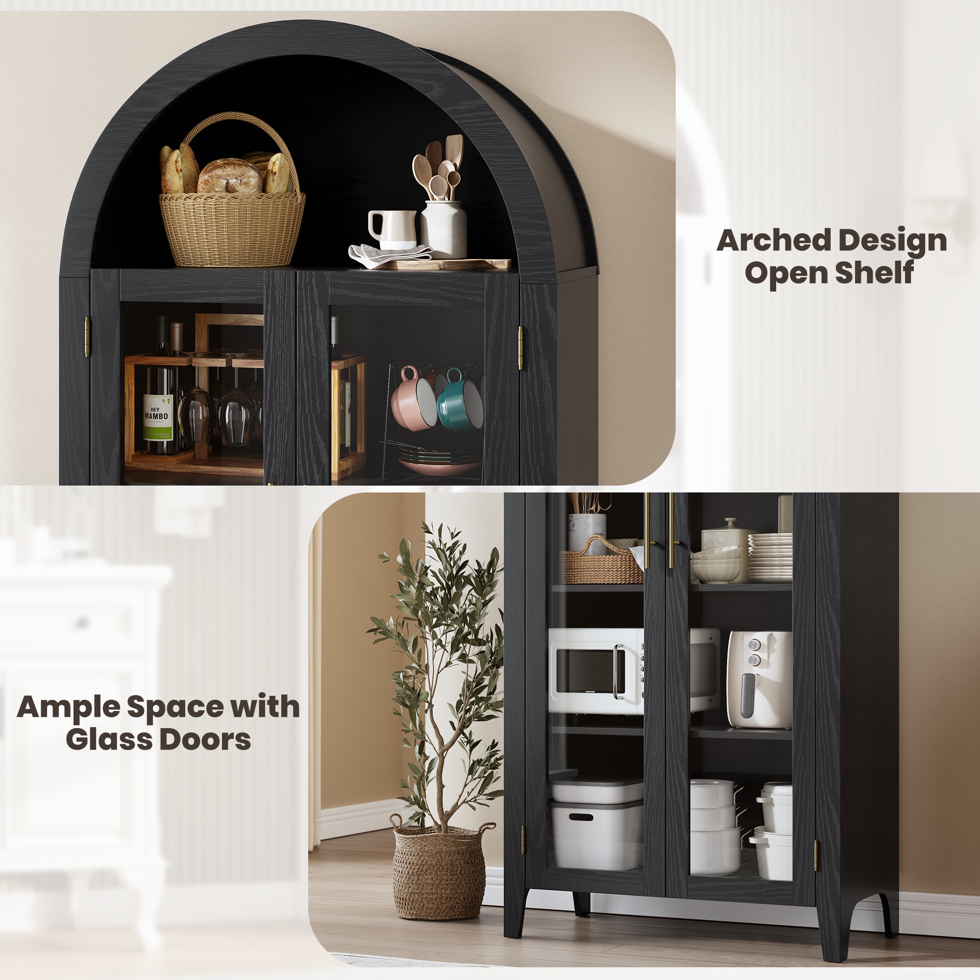 5-Tier Arched Bookcase, Bookshelf with Glass Door, Display Cabinet with Adjustable Shelves, Tall Storage Cabinet for Living Room, Modern Bookcase for Bedroom/Living Room/Home Office