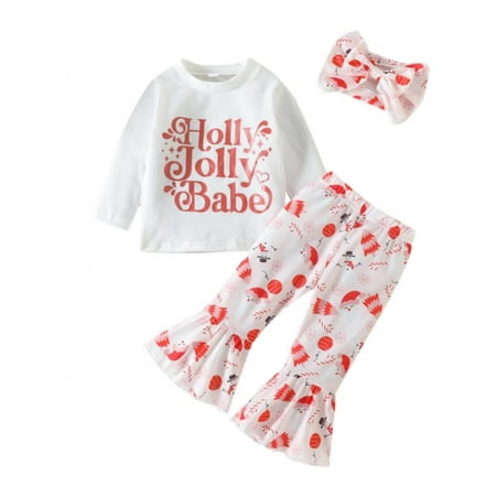 

Baby Girl Christmas Clothes Long Sleeved Lettering Top+Print Trousers +Hairband Set 3M-4Y