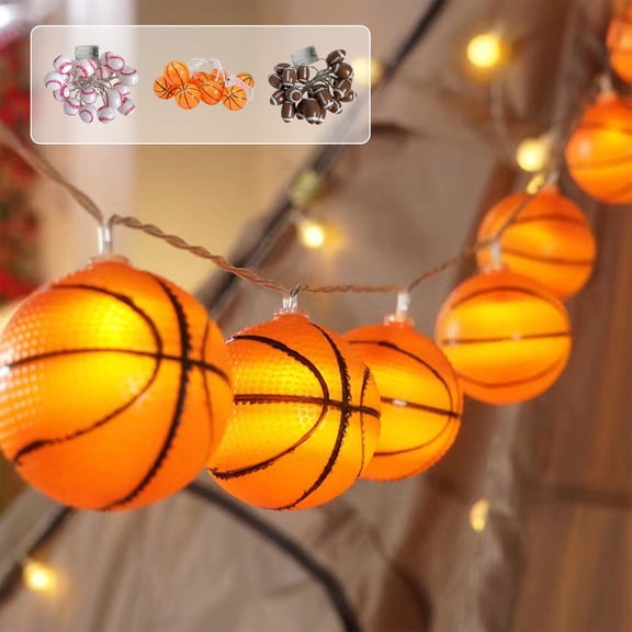 Soccer Ball LED String Lights 10-Count | 1.5M Battery Operated | Orange White Brown | Indoor Party Decor | Bar KTV Football Theme | Plastic | Easy Install | Home Accent