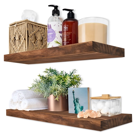 Sorbus 2-Pack Solid Wood Floating Shelves, 16 in, Brown, Wall-Mounted Storage