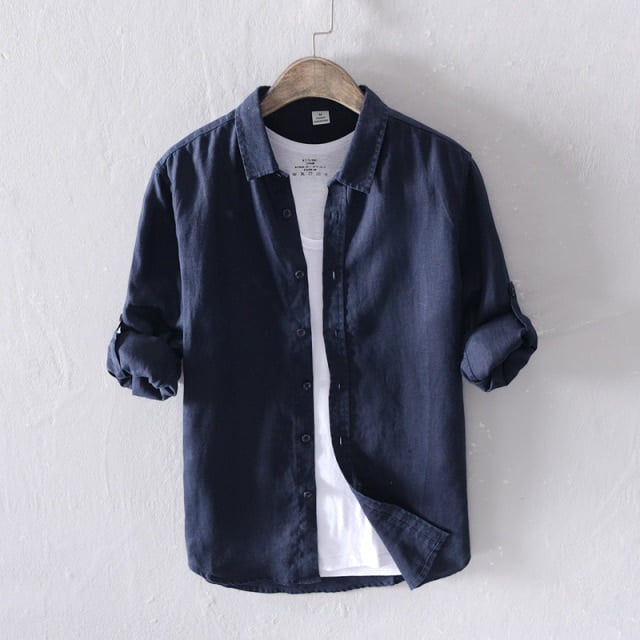 REDHOTYPE Chemises en Lin Pur pour Hommes à Manches Longues Décontractées Col Rabattu Basiques Classiques Hauts Mode Masculine Couleur Unie Vêtements Rétro