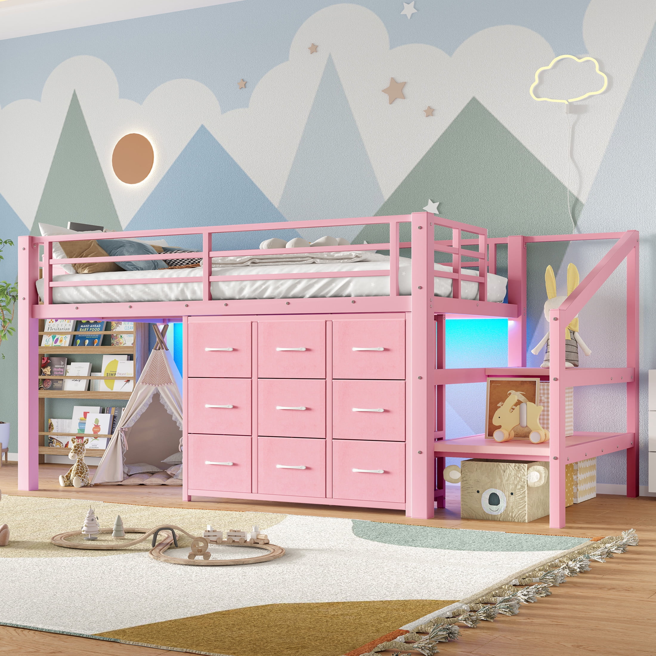 GDF Studio Twin Low Loft Bed with Storage Stairs, Fabric Drawers, Shelves & LED Lights, Pink