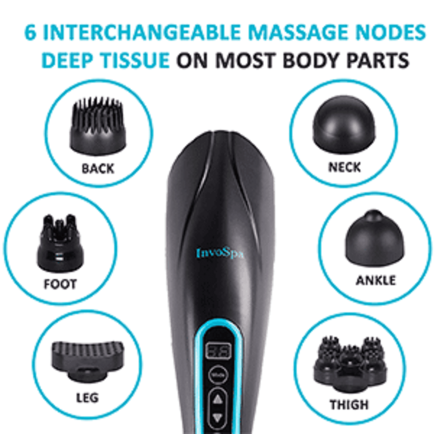 InvoSpa HHMG-8799 Handheld Deep Tissue Massager 6 Interchangeable Nodes 10  Speeds 12 Percussion Modes for Muscles, Back, Foot, Neck, Shoulder, Leg,  Calf Pain Relief Full Body Massage. 6.5' power cord 