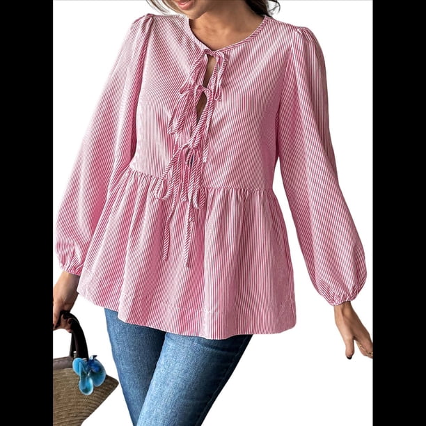 Blusa Holgada con Cuello en V y Mangas Abullonadas con Cordones para Mujer, Estilo Y2K, Ropa de Verano. Melocotón M