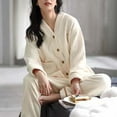 thumbnail image 4 of XUNKUSGA Womens Pajamas Set Soft Flannel Women's Sleepwear Winter Cozy Pjs Sets for Women Casual Long Sleeve V-Neck Button Down Loungewear Pajama Set, 4 of 5