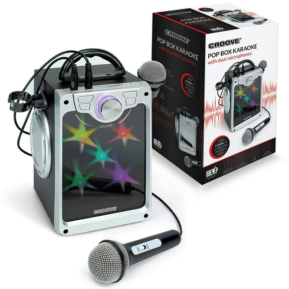 Croove POP Box Karaoke Machine for Kids with 2 Microphones and Flashing Disco Lights (Black)