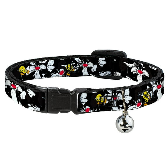 Looney Tunes Breakaway Cat Collar With Bell, Plastic Clip, Easy Adjustable, Sylvester And Tweety Poses Scattered Charcoal, 8.5 to 12 Inches 0.5 Inch Wide