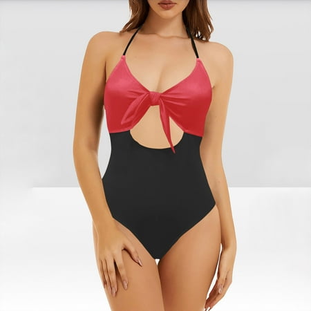 POROPL Womens Swimsuits One Piece Bikini Halter Top Swim Thin Cutout Print Swim Red Size S-2XL