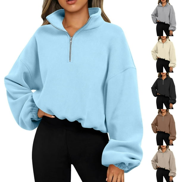 Camisa gris para mujer,Sudadera polar con media cremallera para mujer, cuello alto, poliéster, manga larga, informal, para usar en casa, sopatenor