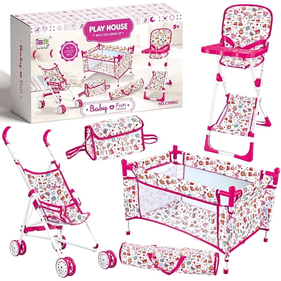 Chuvikid  Baby Doll Toy Set, Stroller Bed Highchair ,Convenient Handbag and Travel Storage Bag,Baby Doll Accessories Furniture Set for Girls Boys Gift Aged 3-12