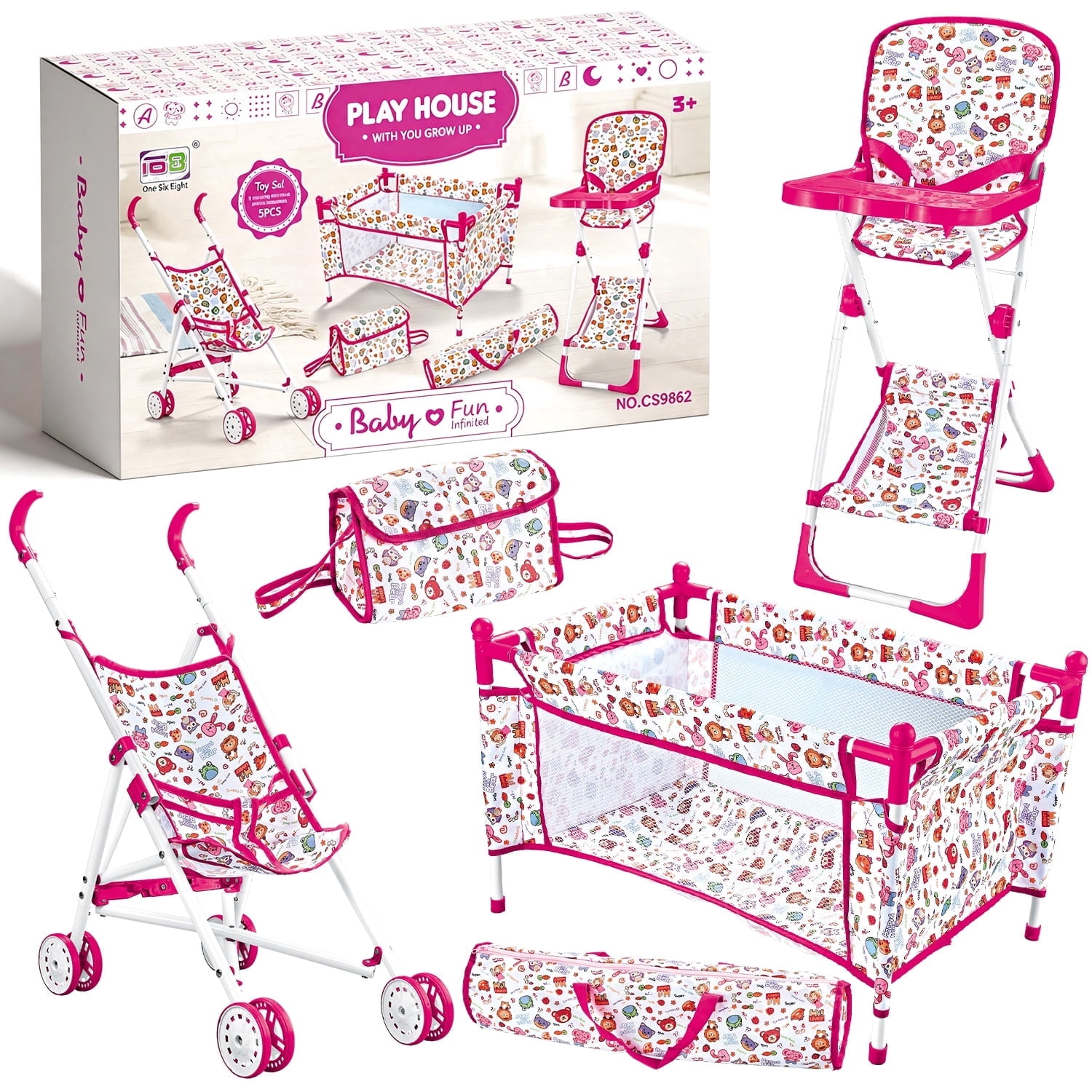 Chuvikid Baby Doll Toy Set, Stroller Bed Highchair ,Convenient Handbag and Travel Storage Bag,Baby Doll Accessories Furniture Set for Girls Boys Gift Aged 3-12
