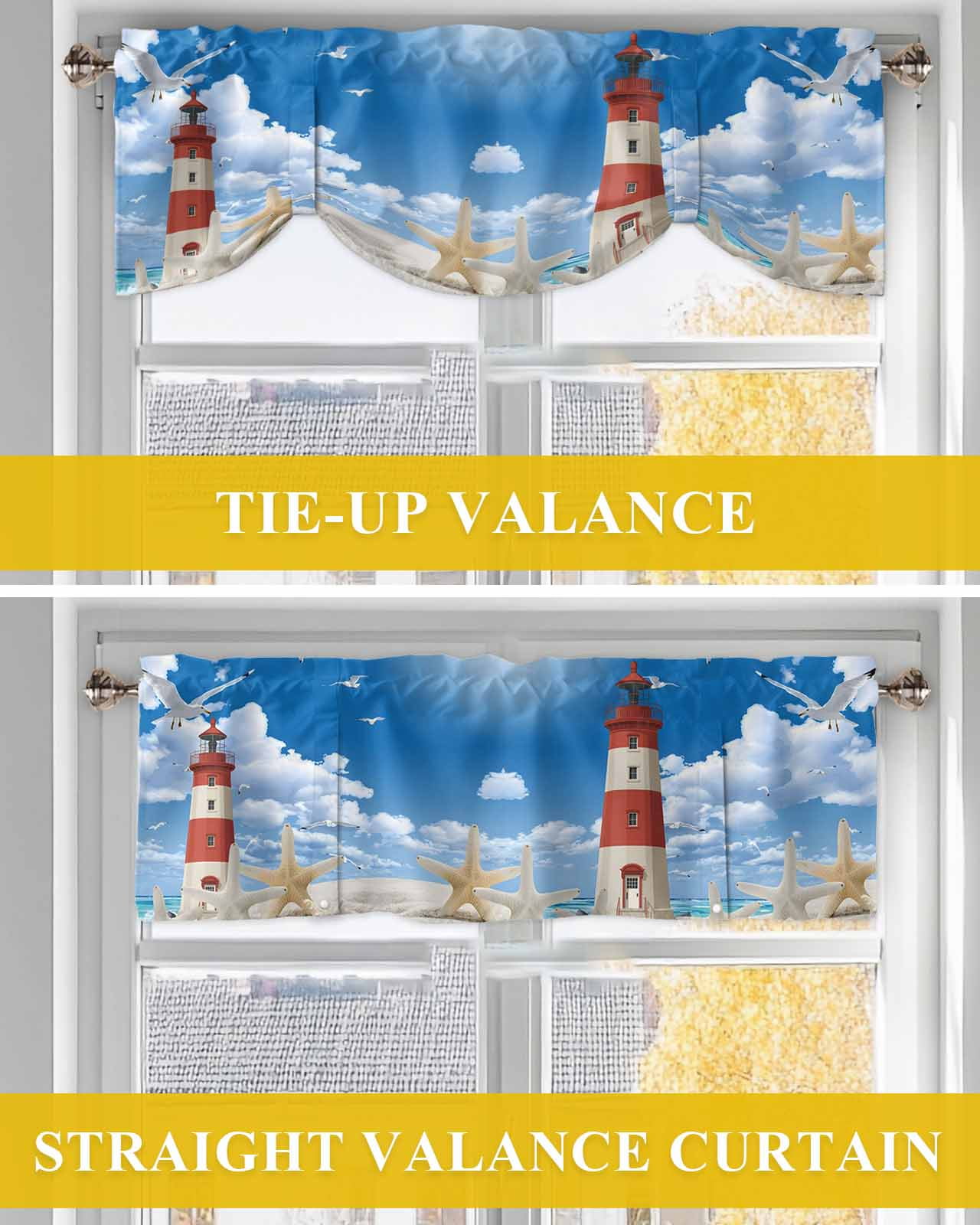 Lighthouse Seagull Tie Up Valances Curtain, Adjustable Kitchen Starfish Summer Beach Sandy Valances for Windows Decor, Rod Pocket Short Curtains Set for Bedroom/Bathroom, 54"x18"