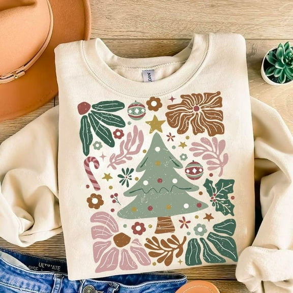 Merry and Bright Christmas Sweater, Hand Drawn Boho Coquette Christmas Tree Sweatshirt