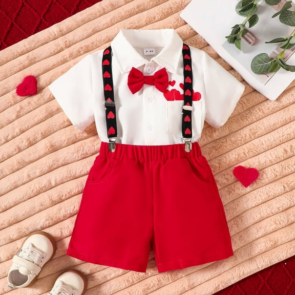 Hpapadks Girls Holiday Outfits Boys Valentine's Day Short Sleeve Heart Prints Shirt Tops Suspender Shorts Gentleman Outfit Girls' Clothing Sets