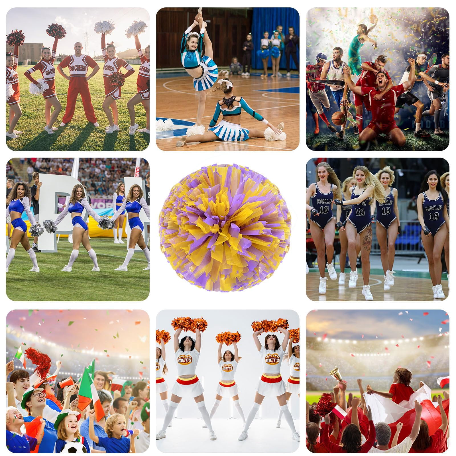 Pom Poms Cheer 8 Pieces, Cheerleading Pompoms Handheld Squad Set for Sports Team, Party, Festival, Adults Kids, Easy Fluff Design