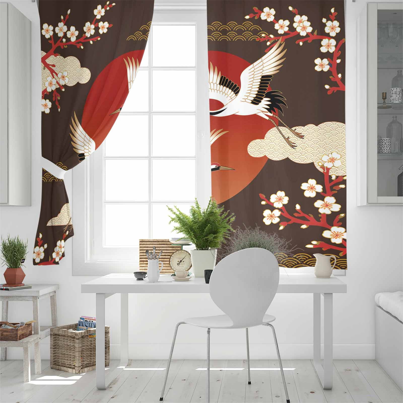 Japanese Style Blackout Curtains for Bedroom/Living Room, Thermal Insulated Kitchen Curtains, Modern Cranes Cherry Flower Wave Brown Grommet Darkening Window Treatment Drapes 52"x72"x2