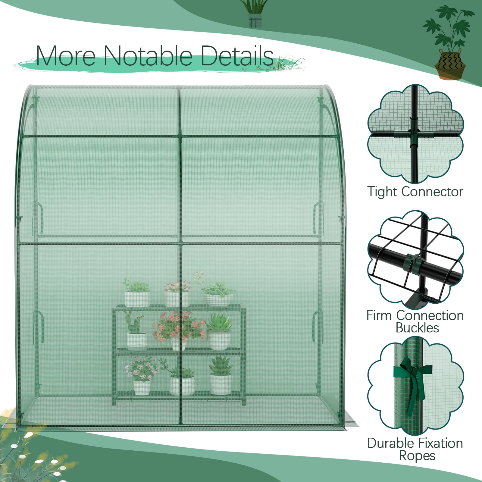 Patiojoy Lean-To Walk-In Greenhouse with Flower Rack 7’ x 3.5’ x 7’ Wall Green House with Roll-Up Doors Waterproof PE Cover & Metal Frame