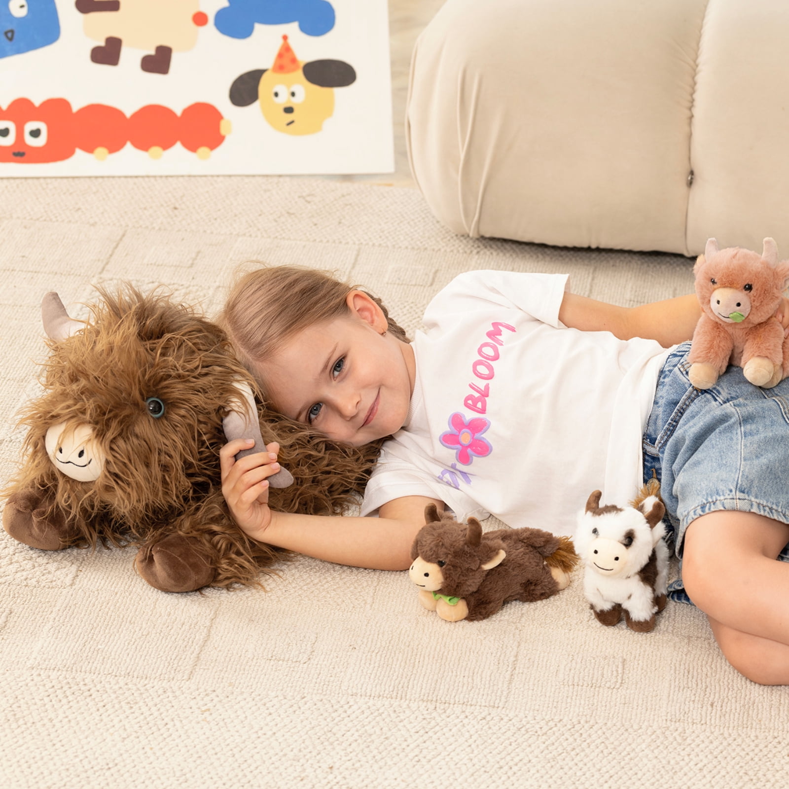 MorisMos 20" Highland Cow Stuffed Animal with 3 Babies Plush Toys