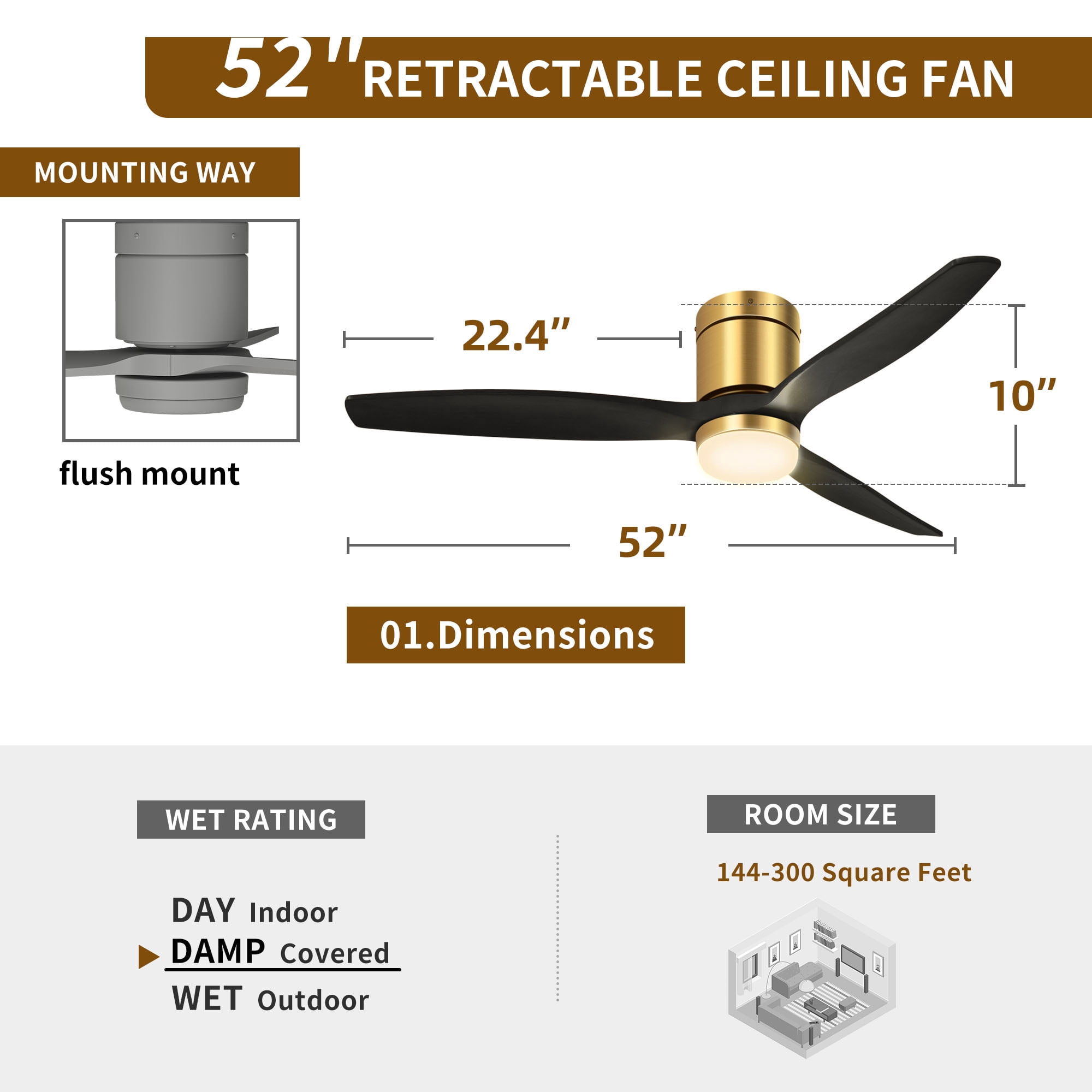 Uforic 52 Inch Low Profile Ceiling Fan with Lights Remote, Flush Mount Ceiling Fan with 3 Wood Fan Blade for Bedroom, Outdoor, Indoor, Black & Gold