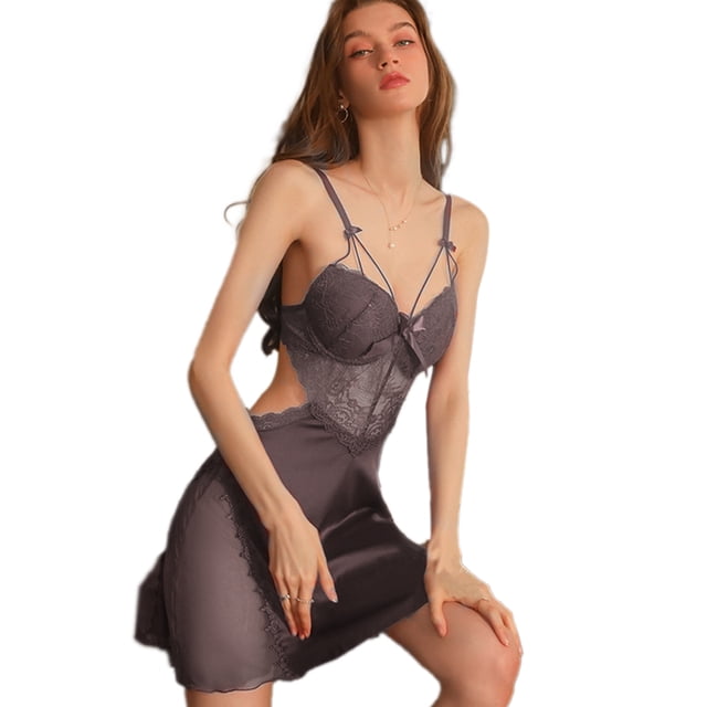 Pijamas seductores con perspectiva de encaje sexy para mujer, tirantes sin espalda, ropa de dormir para el hogar - Gris