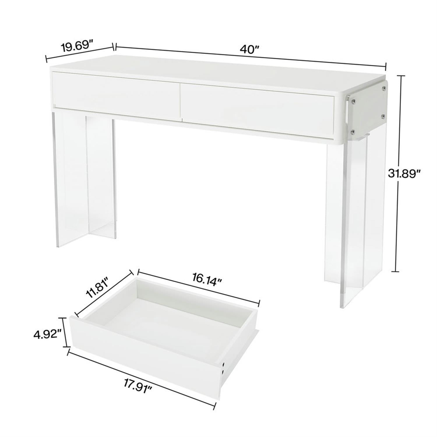 Demi Bonn 40" Computer Desk with 2 Storage Drawers and Acrylic Legs, Modern Study Writing Gaming Table for Home Office, Makeup Vanity Desk, White