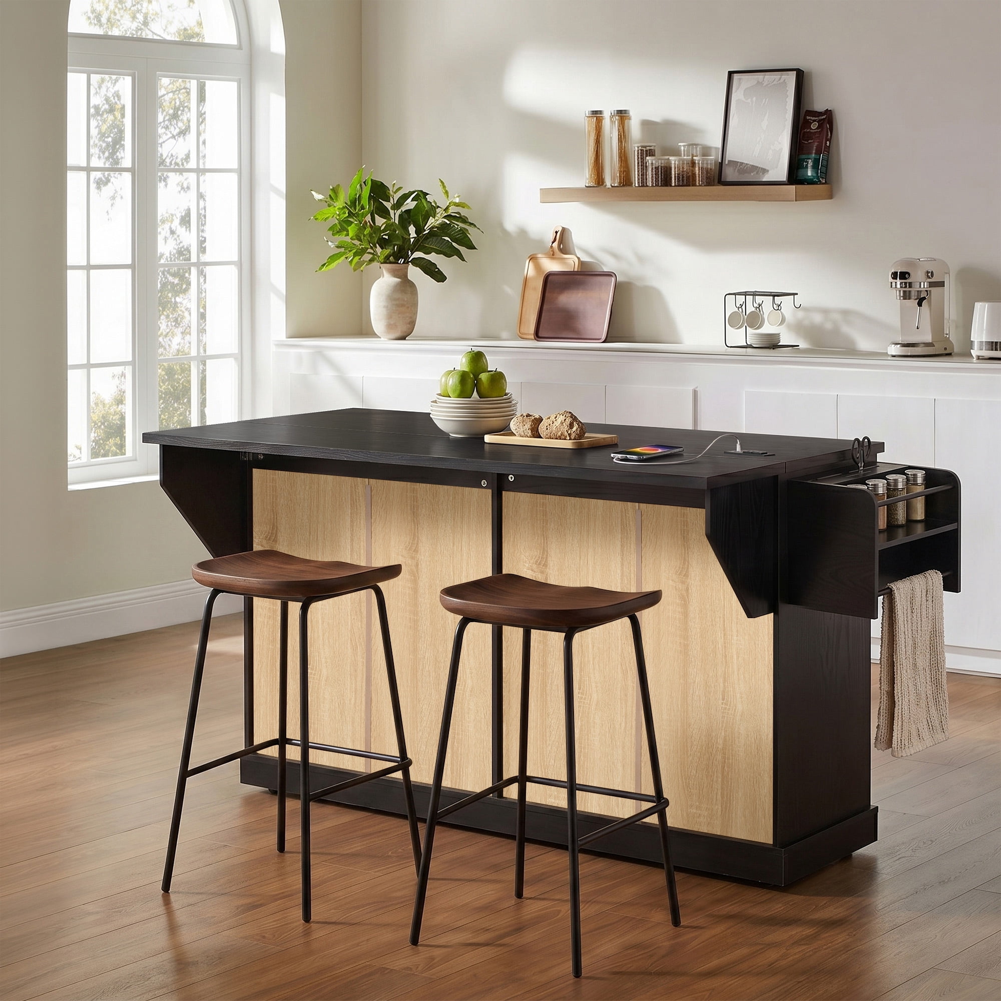 Euroco 65" Kitchen Island with Storage & Drop Leaf, Rolling Kitchen Cart on Wheels with Arched Glass Doors,4 Drawers, Spice Rack & Towel Rack,Portable Island Table for Dining Room,Black