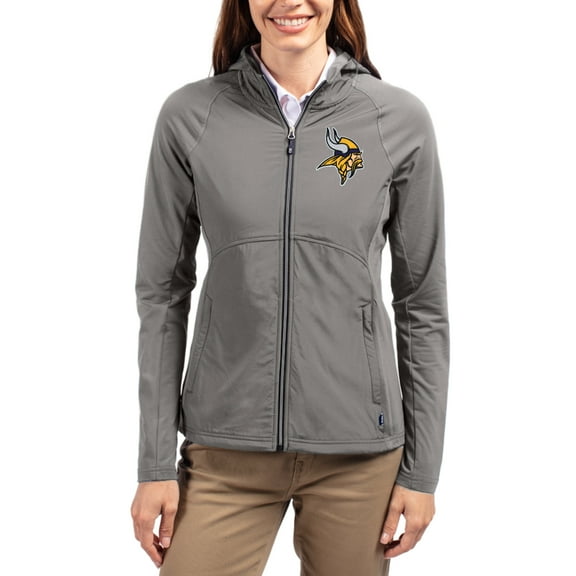 Women's Cutter & Buck Gray Minnesota Vikings Adapt Eco Knit Hybrid Recycled Raglan Full-Zip Hoodie Jacket