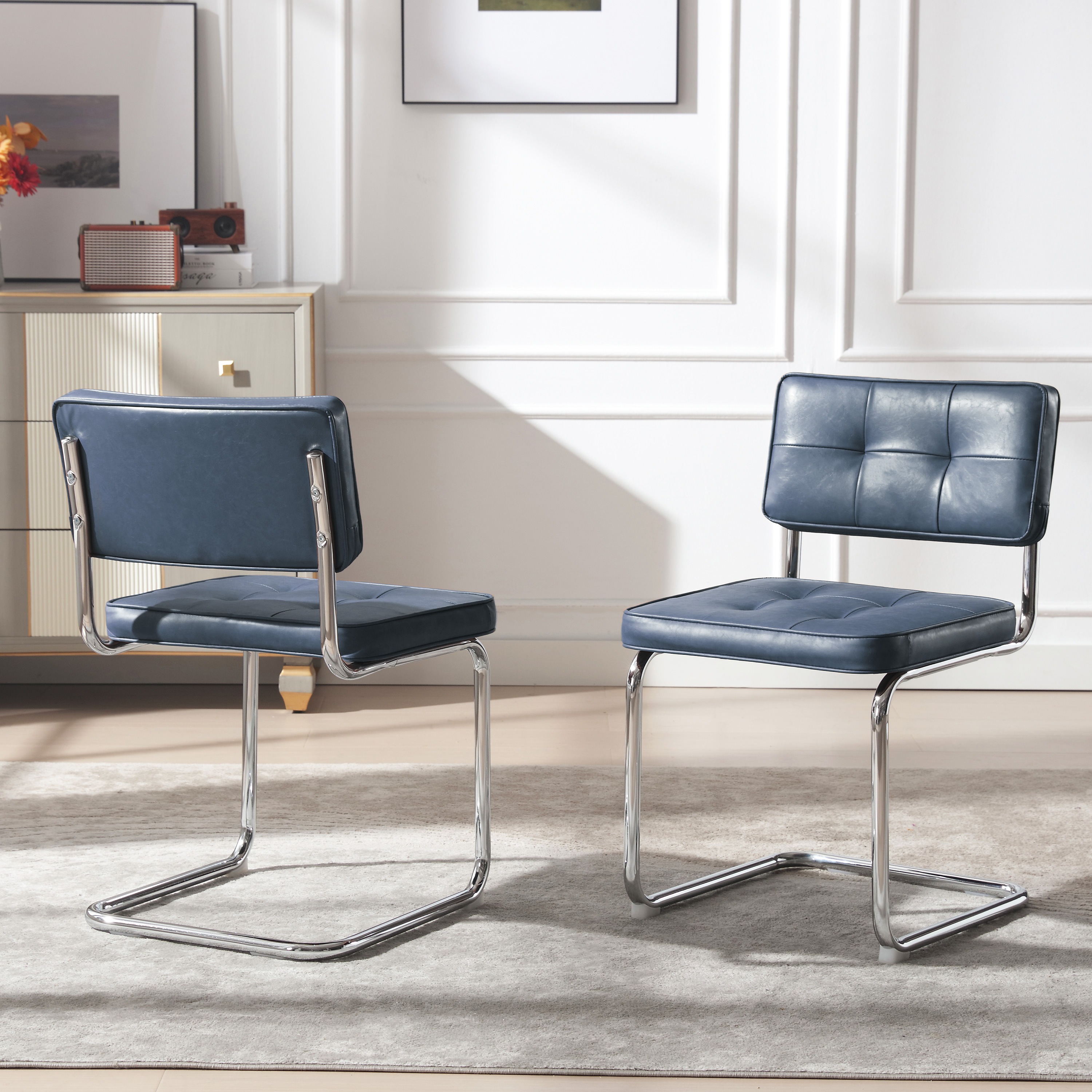 ONEVOG 19.3'' Mid-Century Modern Dining Chairs Set of 2, Faux Leather Cantilever Kitchen Chairs with Chrome Legs for Kitchen Dining room, Blue