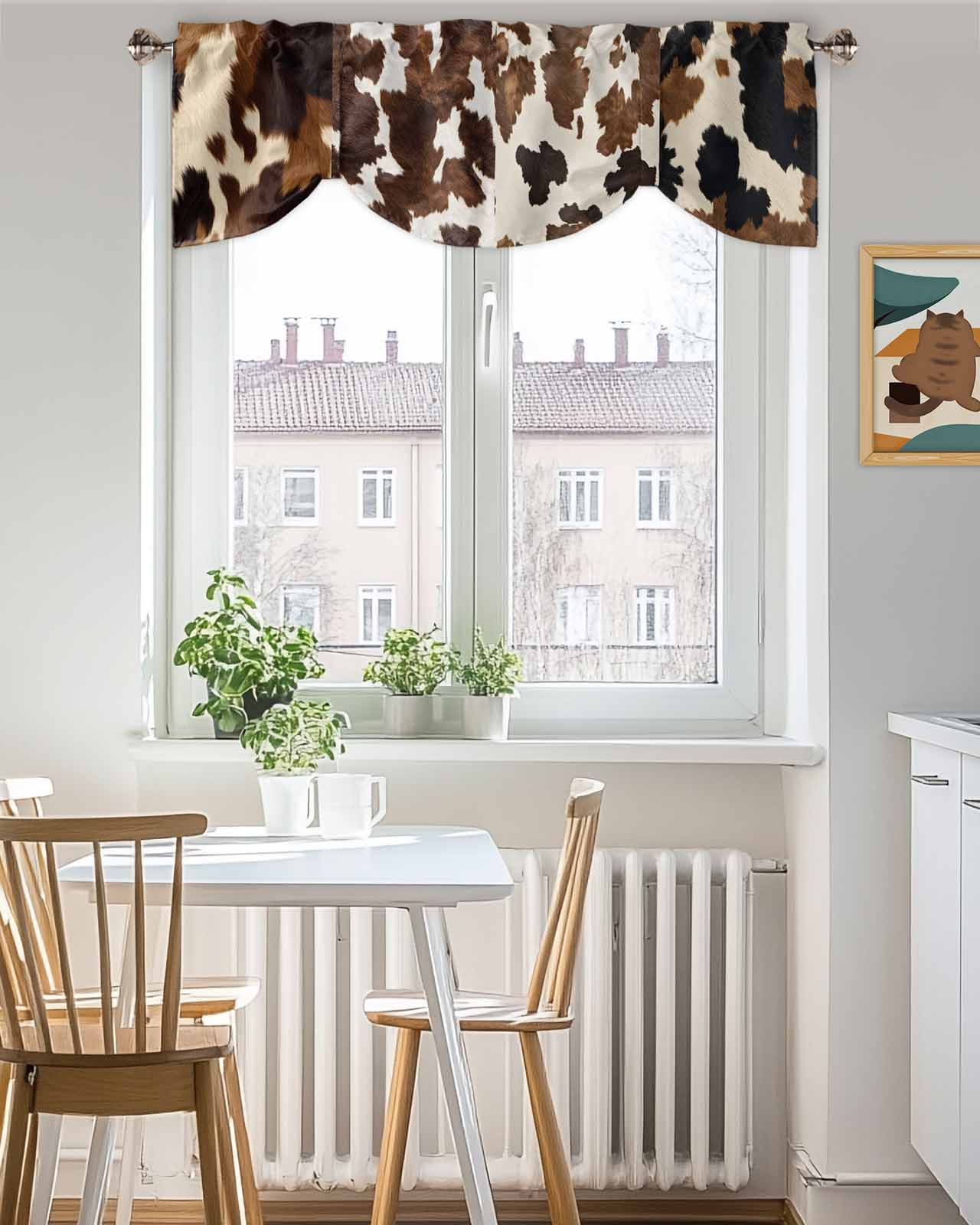 Cowhide Tie Up Valances Curtain, Adjustable Kitchen Cow Skin Texture Valances for Windows Decor, Rod Pocket Short Curtains Set for Bedroom/Bathroom, 60"x18"