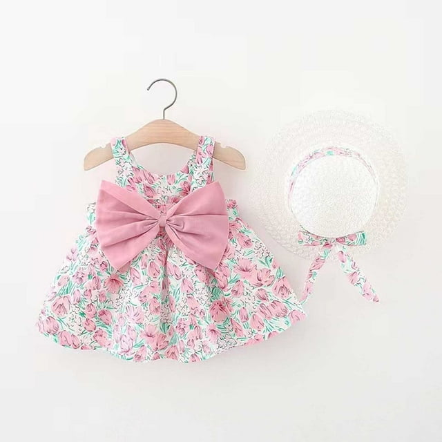 Robe Bébé Robe Tutu pour Bébé Fille Robe d'Été Sans Manches pour Fille avec Chapeaux 2 Pcs Robe Soleil pour Filles 2-3 Ans