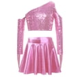 thumbnail image 3 of TSSOE Kids Girls 2 Piece Sequin Jazz Dance Outfit Long Sleeve Metallic Fringed Crop Top and Mini Pleated Skirts Set Pink 10, 3 of 7