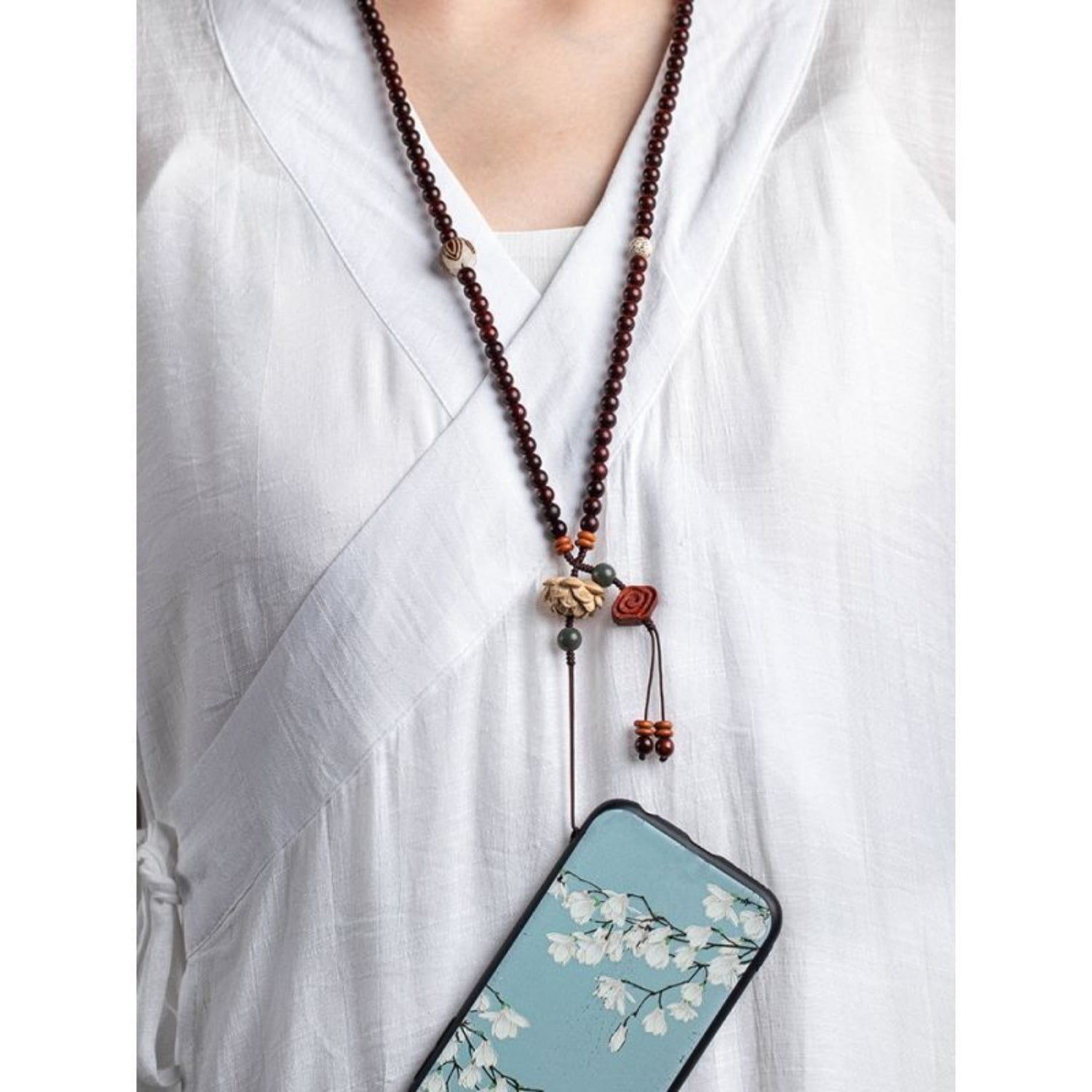 Rosewood Phone Lanyard Lotus Carved Adjustable Neck Strap Buddhist Jewelry Spiritual Gift