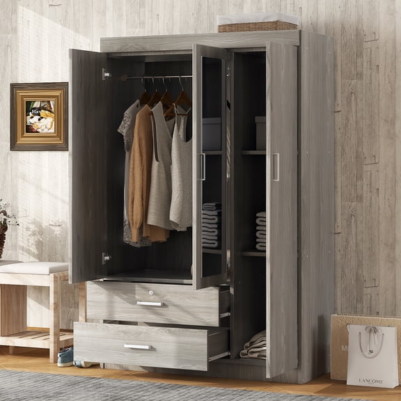 CoSoTower 3-Door Mirror Wardrobe with Shelves, Gray