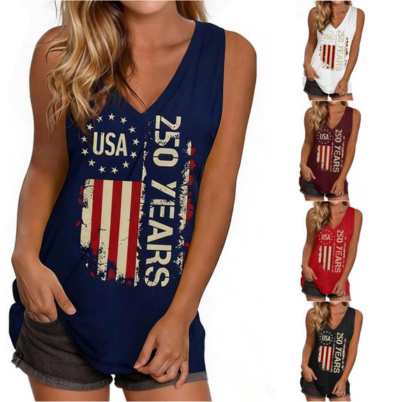 oqasdz Tank Tops for Women Independence Day V Neck 250Th Anniversary Usa Shirt Letter Stripes and Stars Print Loose Tank Blouse Casual Summer,Dark Blue,L