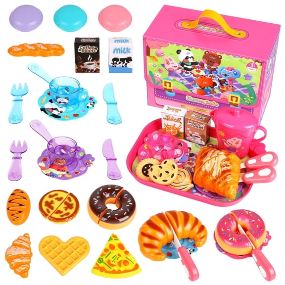 Flooyes 43PCS Pretend Play Cutting Tea Party Toys Set, Play Kitchen Food with Picnic Basket, Gift for Kids Girls 3 4 5 6 7 8