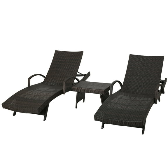 Saugus Outdoor Multibrown Wicker Adjustable Chaise Lounge with Arms W/ Table (Set of 2)